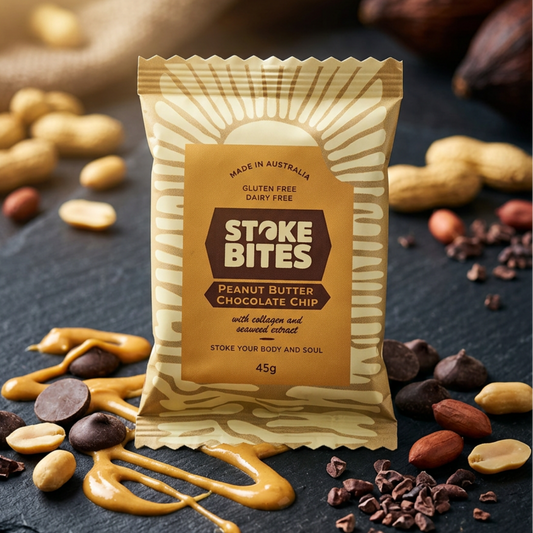 Stoke Bites Peanut Butter Choc Chip wholefood snack bar, box of 10 — gluten-free, dairy-free, made in Australia