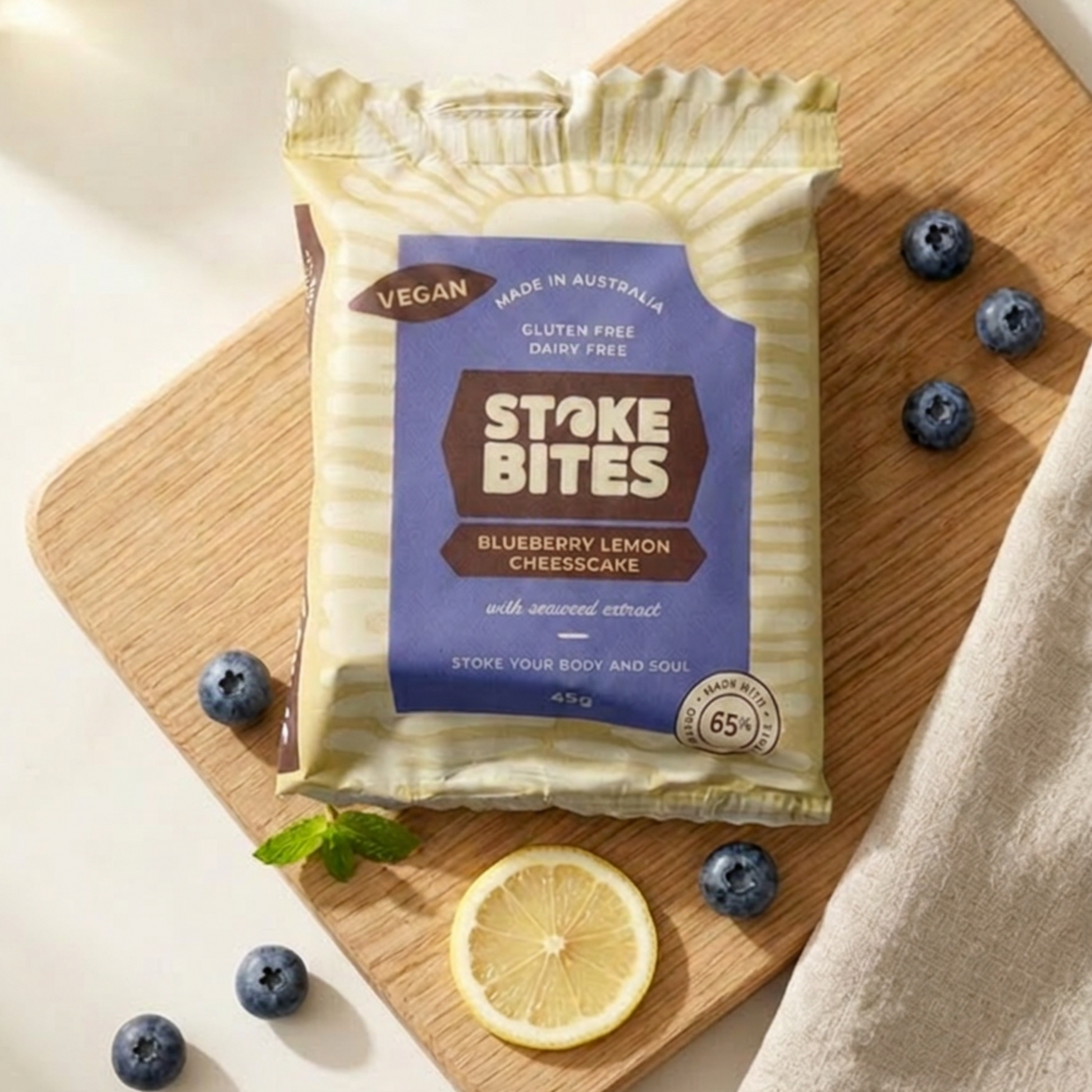 Stoke Bites Blueberry Lemon Cheesecake vegan wholefood snack bar, box of 10 — gluten-free and dairy-free