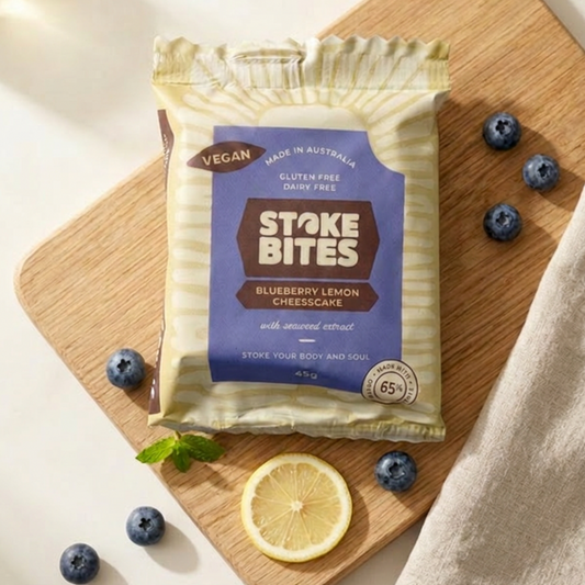 Stoke Bites Blueberry Lemon Cheesecake vegan wholefood snack bar, box of 10 — gluten-free and dairy-free