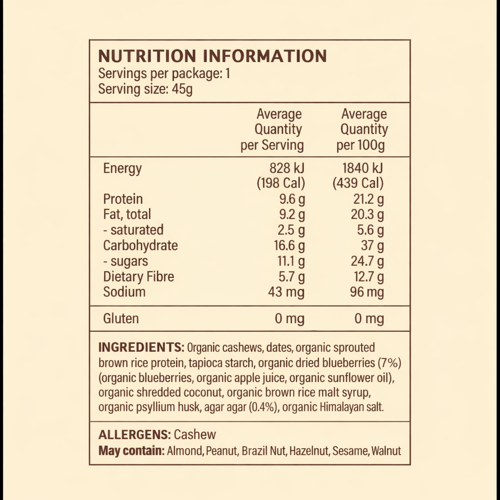 Blueberry Lemon Cheesecake Stoke Bites nutrition information panel and ingredients list