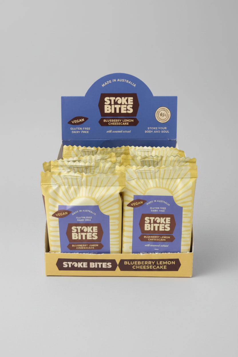 Blueberry Lemon Cheesecake Stoke Bites display box of 10 bars