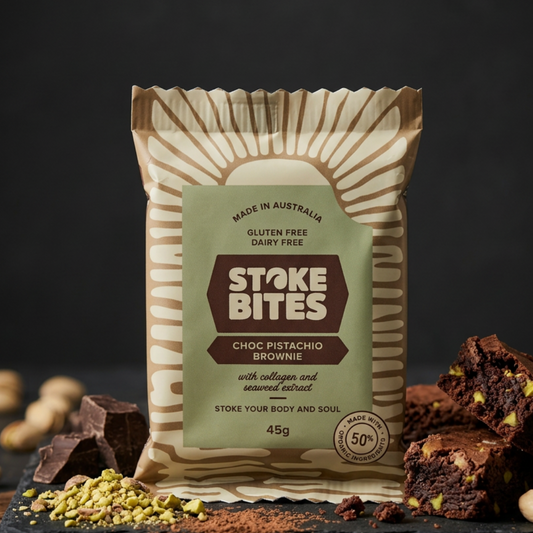 Stoke Bites Choc Pistachio Brownie wholefood snack bar with ingredients — gluten-free, dairy-free, made in Australia