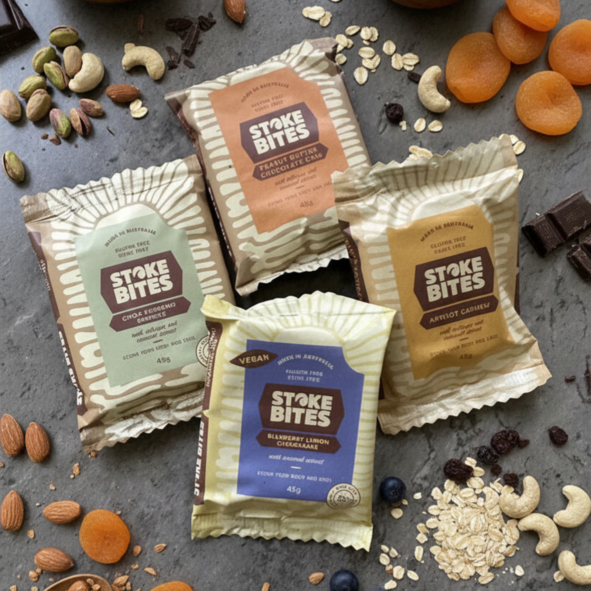 Stoke Bites Sampler 4-Pack — one of each wholefood snack bar flavour, gluten-free and dairy-free
