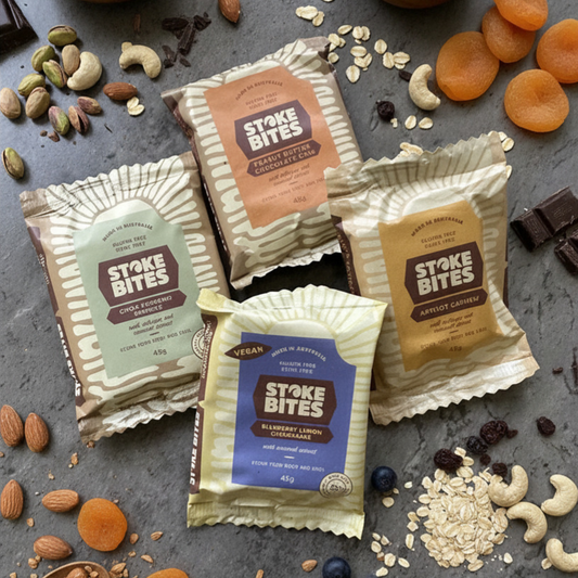 Stoke Bites Sampler 4-Pack — one of each wholefood snack bar flavour, gluten-free and dairy-free